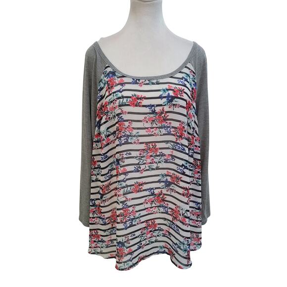 Torrid Size 2XL Floral Stripe Baseball Tee Raglan Sleeve Plus Size Casual Top - Picture 1 of 9